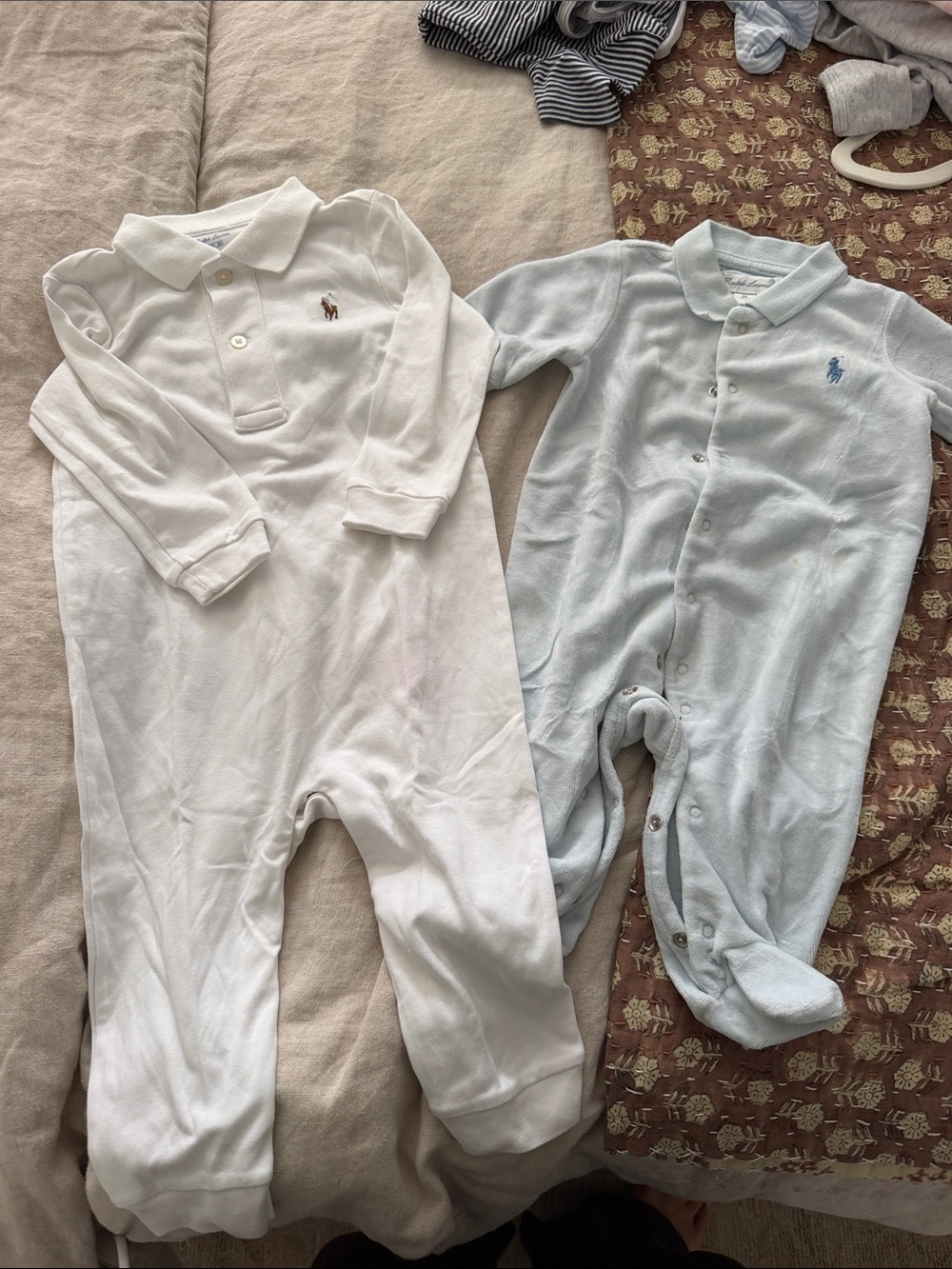 Ralph Lauren Baby Polo One-Piece Romper - White and Light Blue